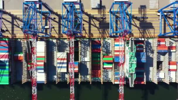 Kontenerowiec z portu morskiego pracujący dla przesyłek kontenerowych i w tle magazynu kontenerowego. Odpowiednie wykorzystanie do transportu lub importu eksportu do globalnej koncepcji logistycznej. — Wideo stockowe