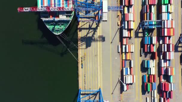 Nave del contenitore dal porto marittimo che lavora per la spedizione dei container di consegna e lo sfondo del magazzino del contenitore. Utilizzo appropriato per il trasporto o l'importazione di esportazione verso il concetto di logistica globale. — Video Stock