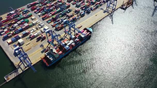 Konténer hajó export és import üzleti és logisztikai. A rakományt daruval szállítjuk a kikötőbe. Nemzetközi vízi szállítás. Légi felvétel — Stock videók