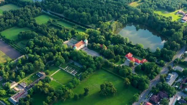 Prachtige laan van bomen van Nieborow Palace, een barokke stijl residentie in Polen. Kleurrijk blad in een Franse tuin. Luchtzicht — Stockvideo