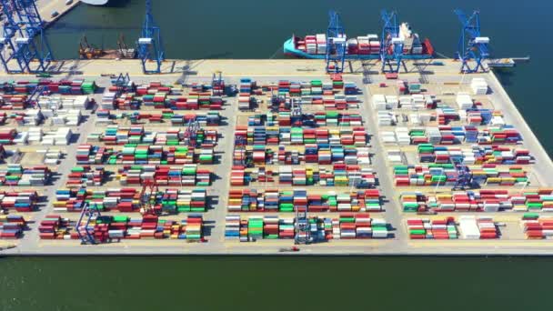Container skib i import eksport og business logistik, Med kran, Handel Port, Fragt fragt til havn, International transport, Business logistik koncept, Luftfoto – Stock-video