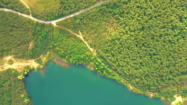 Widok z lotu ptaka na jezioro leśne w lecie. Małe niebieskie jezioro w zielonym lesie sosnowym na wsi — Wideo stockowe