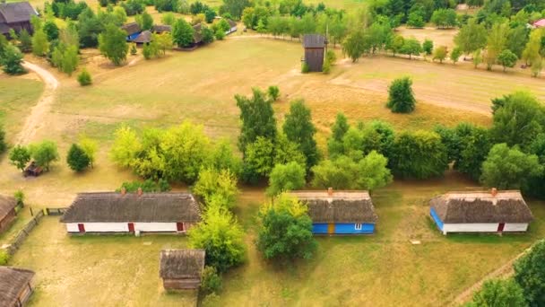 Maurzyce parc du patrimoine de l'architecture en bois, bâtiment antique en plein air musée. Lowicz aérien, Polnad — Video