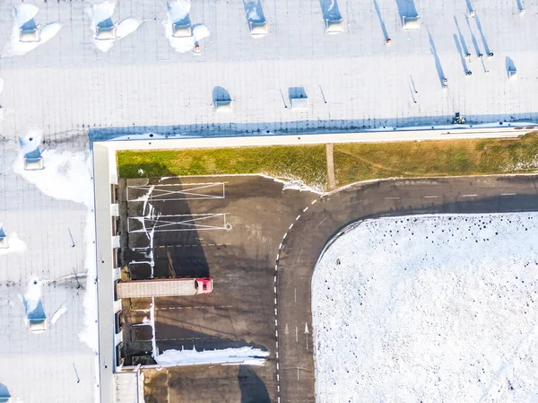 Luftaufnahme Der Lkws Beim Entladen Logistikzentrum Drohnenfotografie — Stockfoto