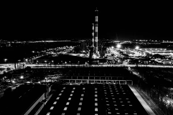 Vista Aérea Energia Usina Industrial Crepúsculo Noite Preto Branco — Fotografia de Stock