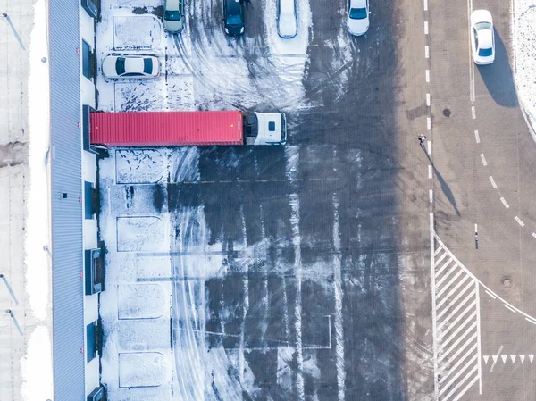 Luftaufnahme Des Logistikparks Mit Lager Verladebahnhof Und Vielen Sattelschleppern Mit — Stockfoto