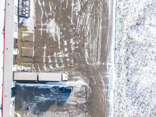 Luchtfoto Van Het Logistieke Park Met Magazijn Laadhub Vele Opleggers — Stockfoto