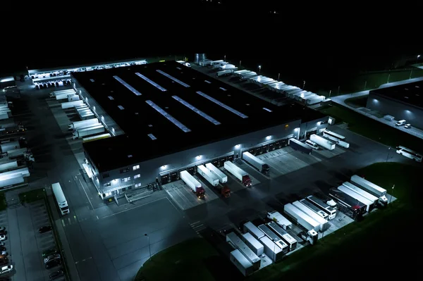 Vue Aérienne Entrepôt Marchandises Nuit Centre Logistique Dans Zone Industrielle — Photo