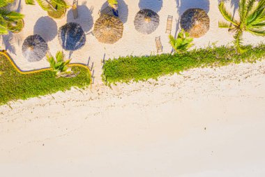 Güneşli bir günde Hint Okyanusu 'nun kumlu sahilinde palmiye manzarası. Afrika, Zanzibar 'da yaz tatili. Palmiye ağaçları, beyaz kum, mavi su, oteller olan tropik bir manzara. Deniz kıyısının en üst manzarası