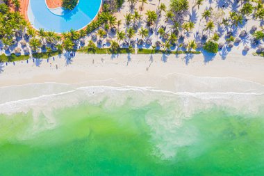 Güneşli bir günde tropikal kumsal manzarası, palmiyeler ve şemsiyelerle. Hint Okyanusu 'nda yaz tatili, Zanzibar, Afrika. Palmiye ağaçları, oteller, havuz, beyaz kum, gök mavisi deniz manzarası. Üst görünüm