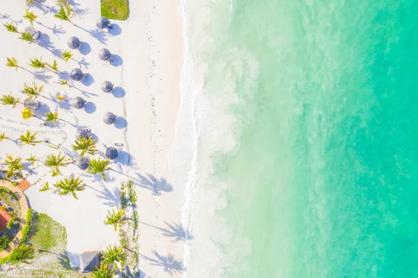 Flygfoto Över Tropisk Sandstrand Med Handflator Och Parasoller Solig Dag — Stockfoto