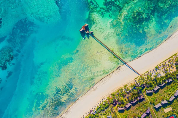 Aerial View Maldives Island Luxury Water Villas Resort Wooden Pier — Stock Photo, Image