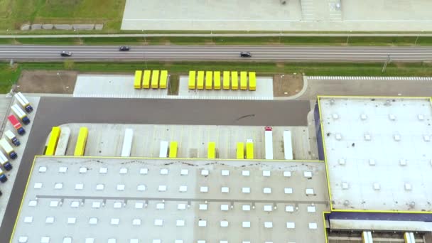 Vista aérea. almacén de distribución de mercancías. Semi camiones cargando contenedores de carga. Logística exportación e importación distribución de carga envío centro de carga. Drone 4k. — Vídeo de stock