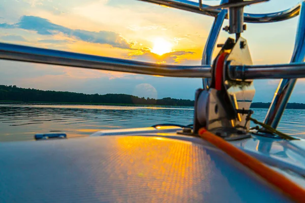 Sailing Boat Sea Man Beautiful Golden Sunset — Stock Photo, Image