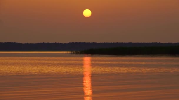 Vista del lago al atardecer, resplandor en el cielo y reflejo de los árboles junto al lago en el agua, — Vídeos de Stock