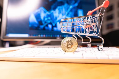 Arka plandaki bilgisayara karşı süpermarketten bir sepetteki kripto para.