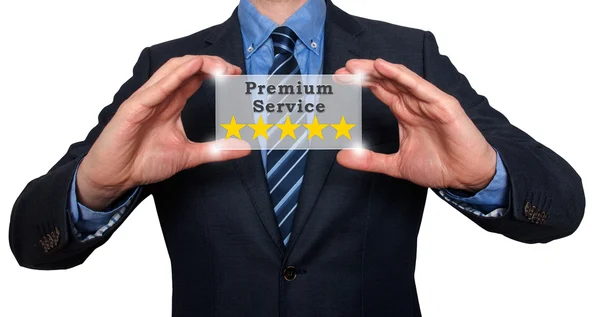 Empresário detém cinco estrelas serviço premium. imagem de estoque — Fotografia de Stock