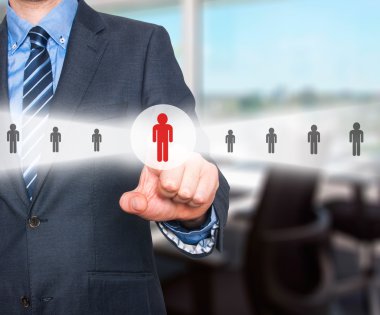 Businessman pressing button on virtual screens. Business, technology, internet, networking and recruitment concept - Stock Image