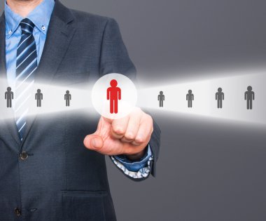 Businessman pressing button on virtual screens. Business, technology, internet, networking and recruitment concept - Stock Image