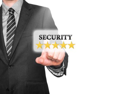 Internet security online business concept businessman pointing five stars security services. Isolated on office background. Stock Image