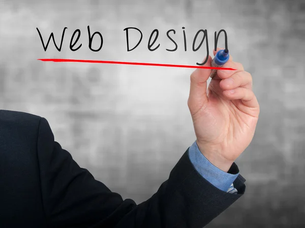 Geschäftsmann schreibt Web-Design-Konzept. isoliert auf Bürohintergrund - Archivbild — Stockfoto