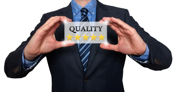 Businessman holding white card with Quality Five Stars sign, Isolated on various backgrounds - Stock Photo — Zdjęcie stockowe