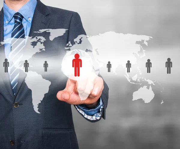 Businessman touching human resources sign - HR, HRM, HRD concept. World Map. Stock Image — 图库照片