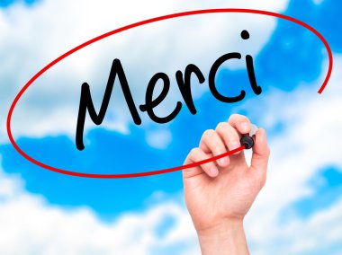 Adam el ile siyah kalemi merci (Fransızca teşekkür ederim) yazma 