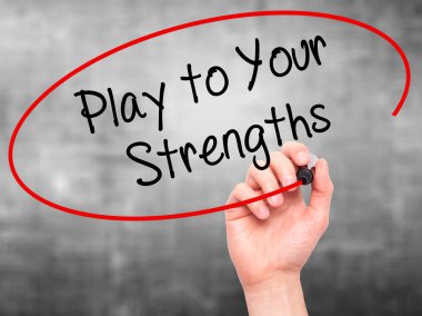 Man Hand writing Play to Your Strengths with black marker on vis