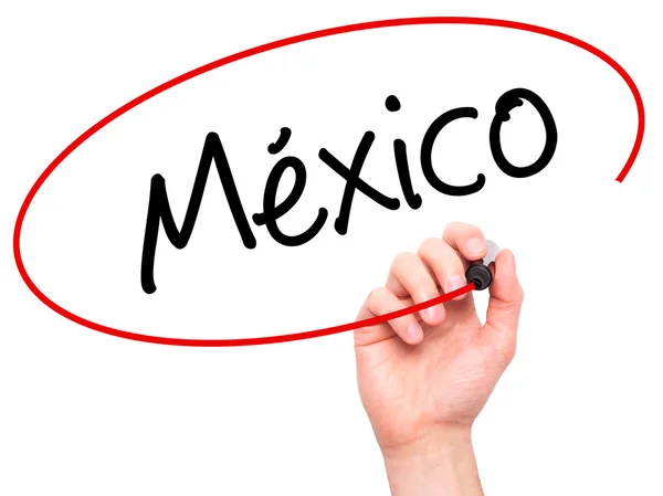 男人手在视觉上用黑色记号笔写墨西哥 （西班牙语） — 图库照片