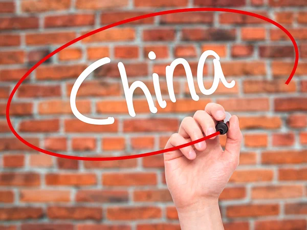 Man Hand writing China with black marker on visual screen — Stock Photo, Image