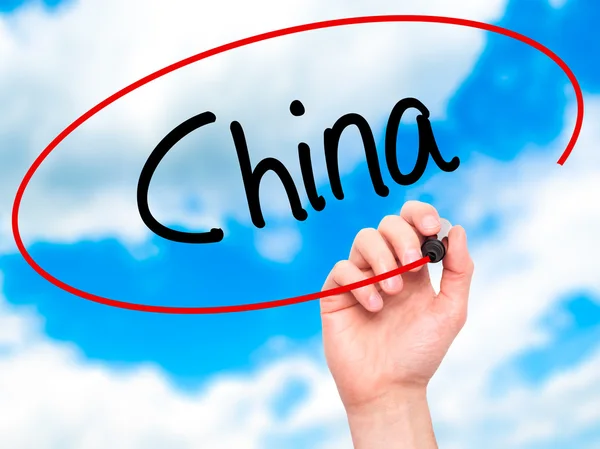 Man Hand writing China with black marker on visual screen — Stock Photo, Image