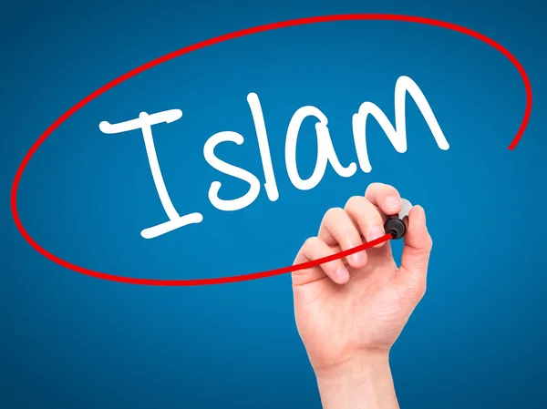 stock image Man Hand writing Islam with black marker on visual screen