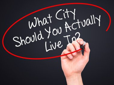 Man Hand writing What City Should You Actually Live In? with bla