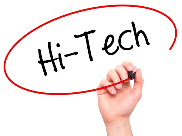 Man Hand skriva Hi-Tech med svart markering på visuella skärm. — Stockfoto