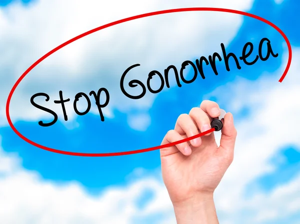 Az ember keze megáll gonorrhoea írásban vizuális képernyő marker fekete — Stock Fotó