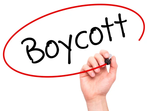 Man Hand writing Boycott with black marker on visual screen. — Stock Photo, Image