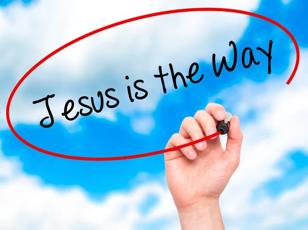 Man Hand writing Jesus is the Way with black marker on visual sc — Stock Photo, Image