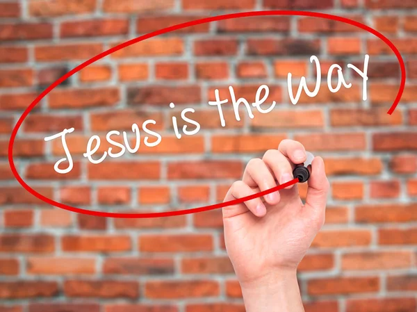 Man Hand writing Jesus is the Way with black marker on visual sc — Stock Photo, Image