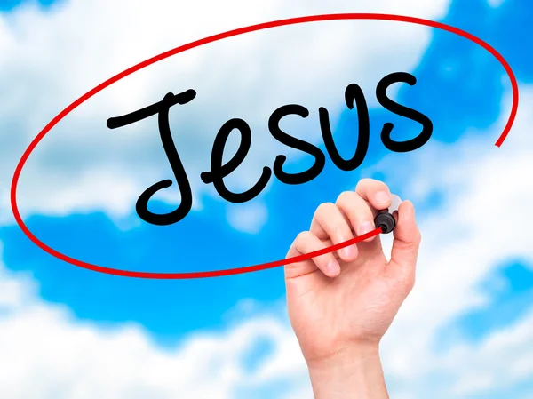 Az ember kezét Jézus írásban vizuális képernyő marker fekete — Stock Fotó