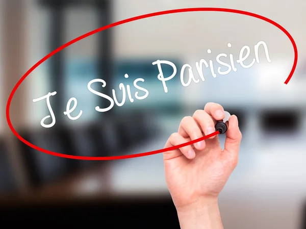 Man Hand writing Je Suis Parisien with black marker on visual sc — Stock Photo, Image