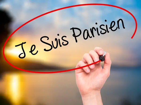 Man Hand writing Je Suis Parisien with black marker on visual sc — Stock Photo, Image