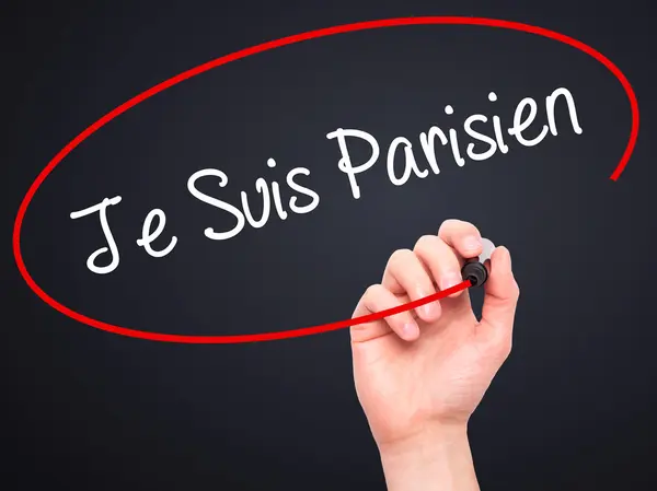 Man Hand writing Je Suis Parisien with black marker on visual sc — Stock Photo, Image