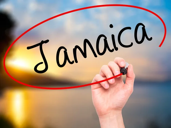 Man Hand writing Jamaica  with black marker on visual screen — Stock Photo, Image