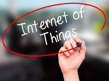 Man Hand writing Internet of Things with black marker on visual 