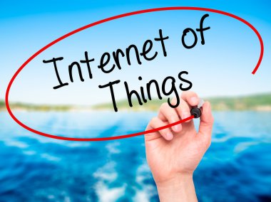 Man Hand writing Internet of Things with black marker on visual 