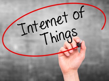 Man Hand writing Internet of Things with black marker on visual 