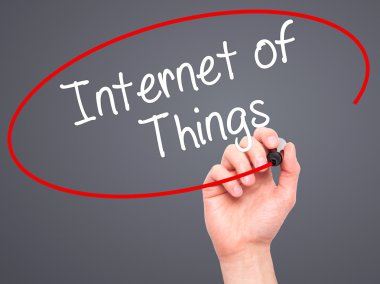 Man Hand writing Internet of Things with black marker on visual 