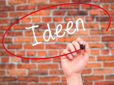 Adam el Ideen (Alman fikirleri) ile siyah kalemi v üzerinde yazma.