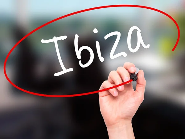 Людина рукописний текст почерк Ibiza з чорний маркер візуального екран — стокове фото